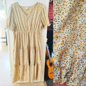 Adored Vintage Cottagecore Puff Sleeve Yellow Floral Tiered V Neck Maxi Dress